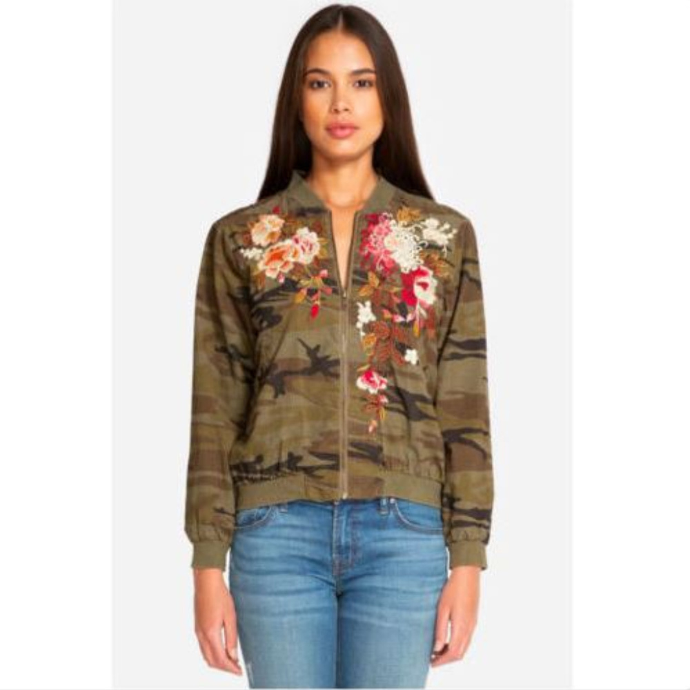 Johnny Was Chrystie Bomber Jacket Camo Embroidered